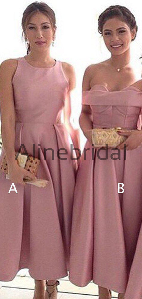 Dusty Rose Satin Mismatched Tea Length Elegant Bridesmaid Dresses, AB4071