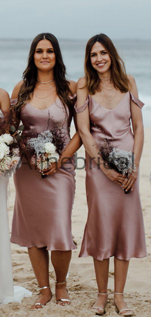 Dusty Rose Spaghetti Strap Off Shoulder Knee Length Bridesmaid Dresses, AB4102