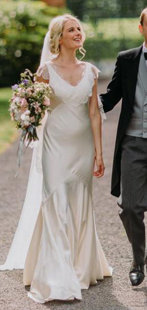 Elegant Ivory Satin Lace Appliques Cap Sleeve V-neck Mermaid Wedding Dress, AB1106