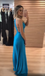Elegant Simple Blue Elastic Satin Spaghetti Strap A-line Prom Dresses,PD00298