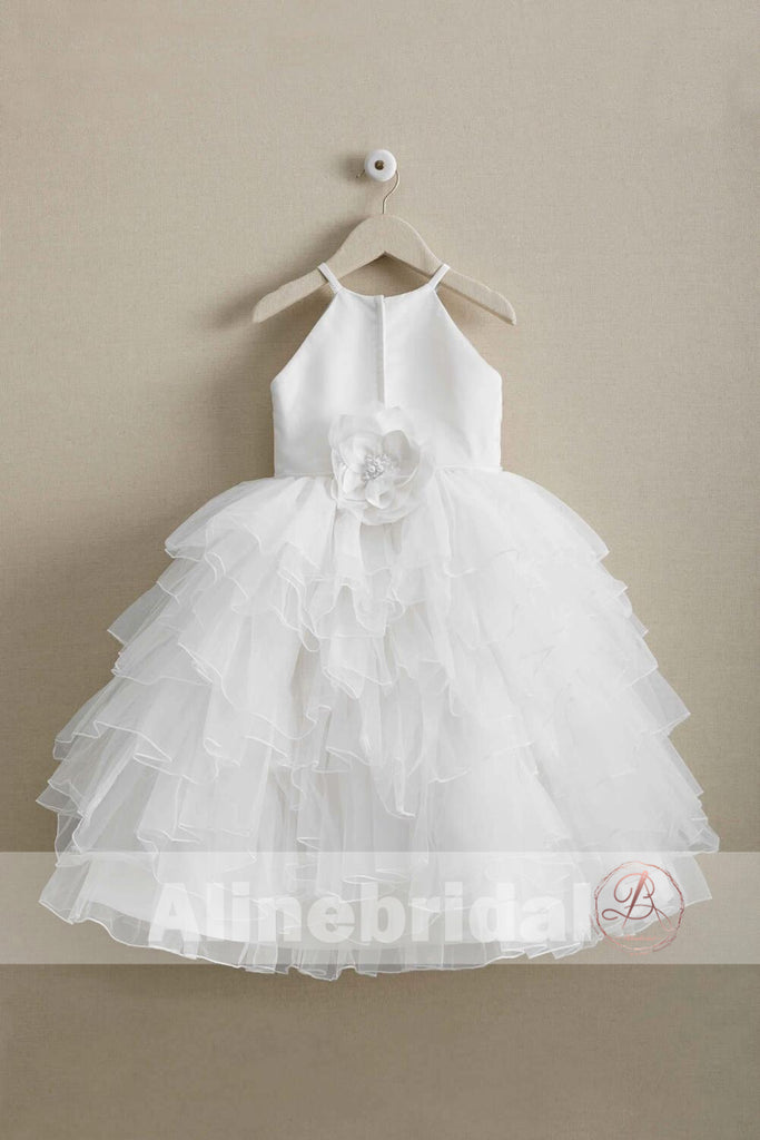 Elegant White Tulle Sleeveless Ruffles Flower Girl Dresses, FGS093