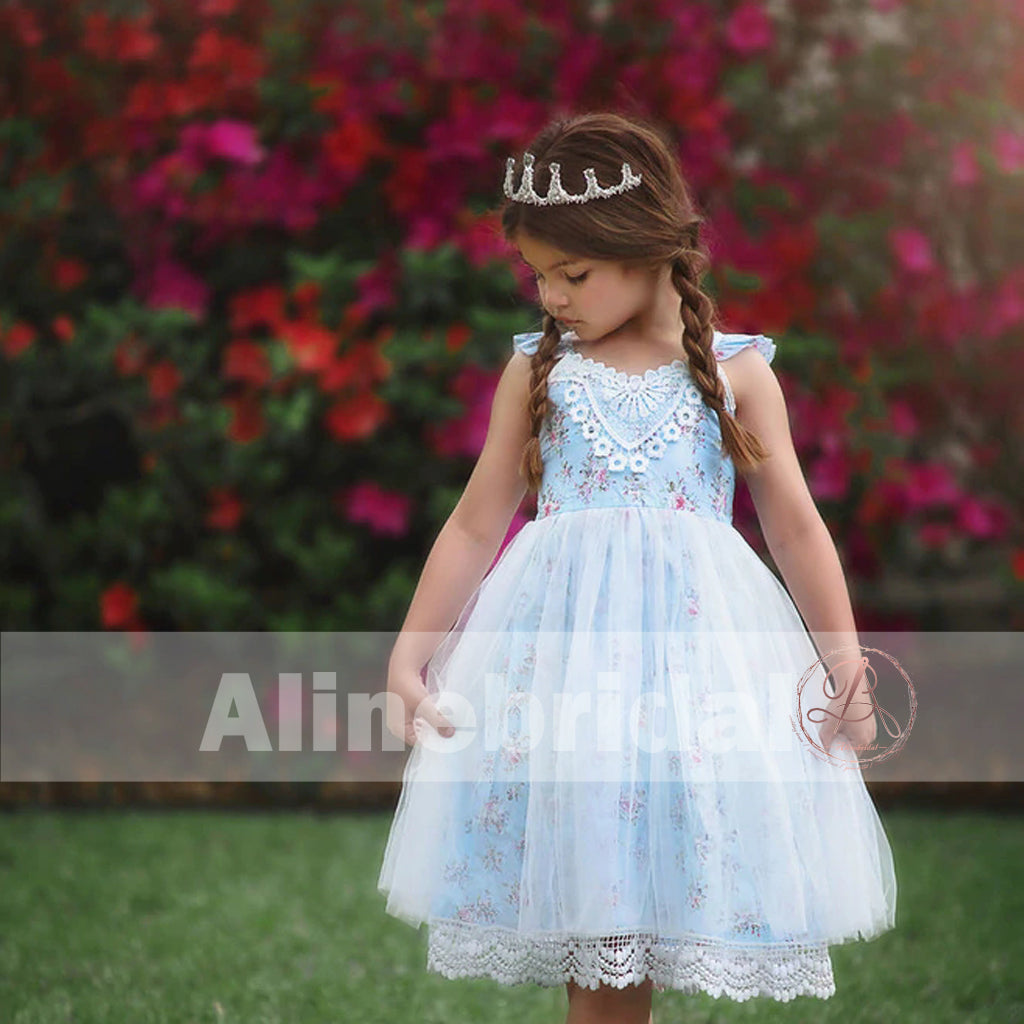 Fashion Blue Floral Ivory Lace Country Wedding Flower Girl Dresses , FGS064