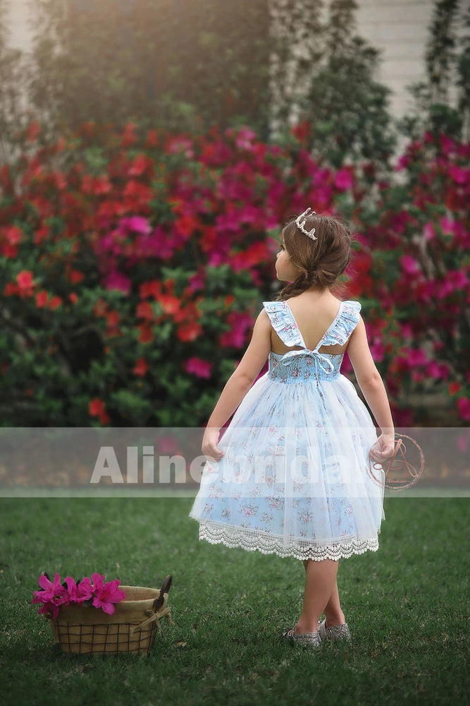 Fashion Blue Floral Ivory Lace Country Wedding Flower Girl Dresses , FGS064