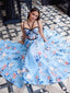 Fashion Blue Floral Prints Criss-cross Prom Dresses,PD00171