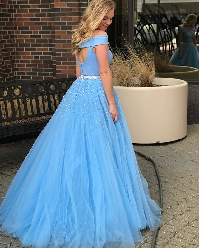 Fashion  Blue Off Shoulder Two Piece Beaded Prom Gown Dresses,PD00039