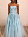 Fashion Pale Blue Tulle Lace Applique Strapless Prom Dresses,PD00367
