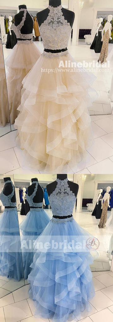 Fashion Two Piece Halter Lace High Neck Ruffles Skirt Prom Dresses For Teens ,PD00111