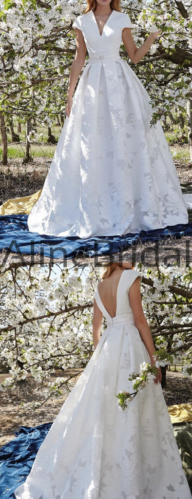 Fashion Unique Lace Floral Satin Cap Sleeve Elegant Wedding Dresses, AB1539