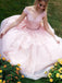 For Teens Pink Lace Appliques Off Shoulder With Beaded Sash A-line Prom Dresses,PD00082