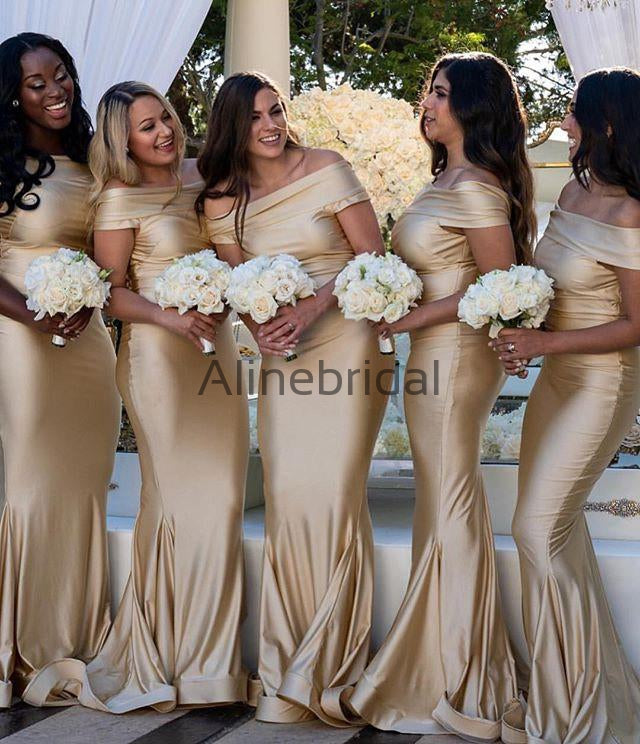 Gold  Off Shoulder Mermaid Fashion Bridesmaid Dresses, AB4065