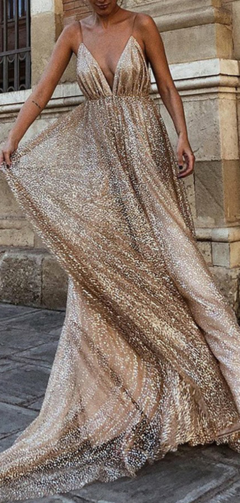 Gold Sequin Spaghetti Strap Backless Shiny Prom Dresses, PD00178