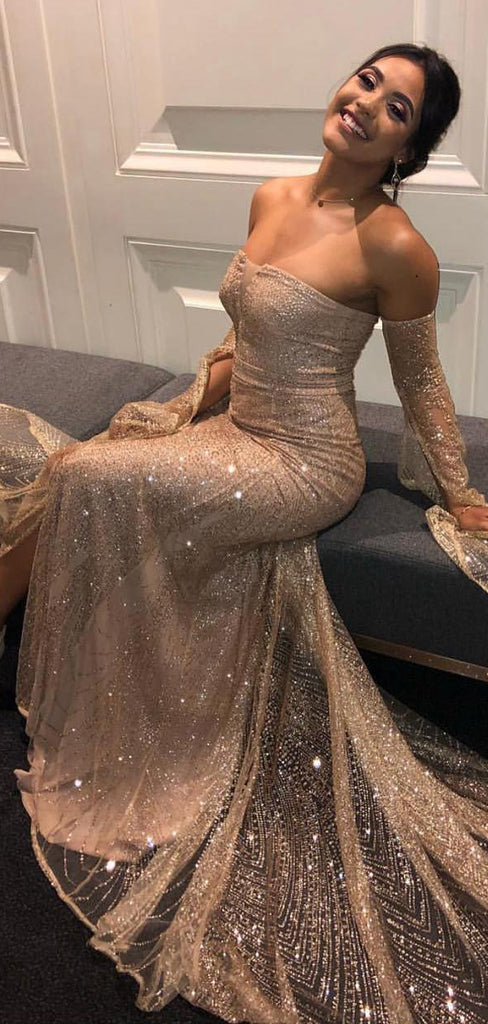 Gold Sequined Lace Off Shoulder Long Sleeve Sheath Prom Dresses, PD00352