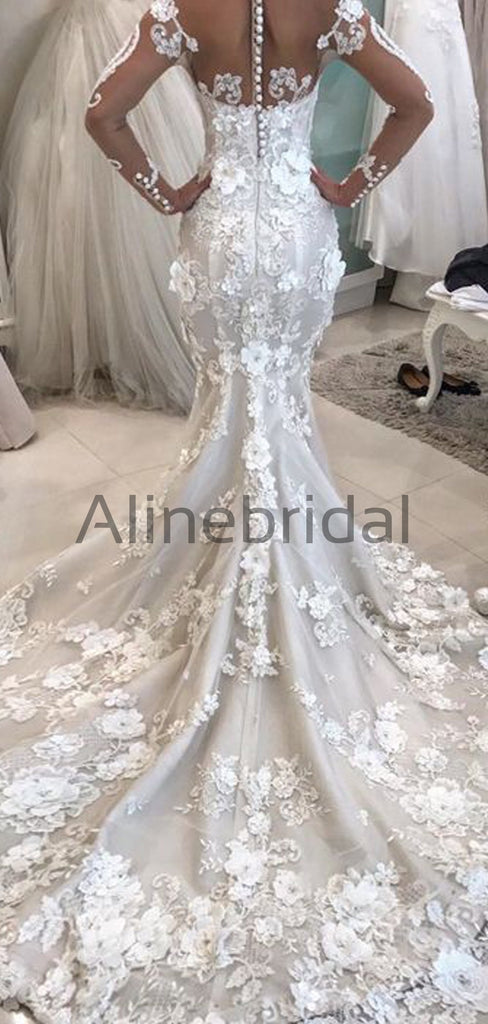 Gorgeous Appliques Mermaid Long Sleeve Wedding Dresses, AB1500