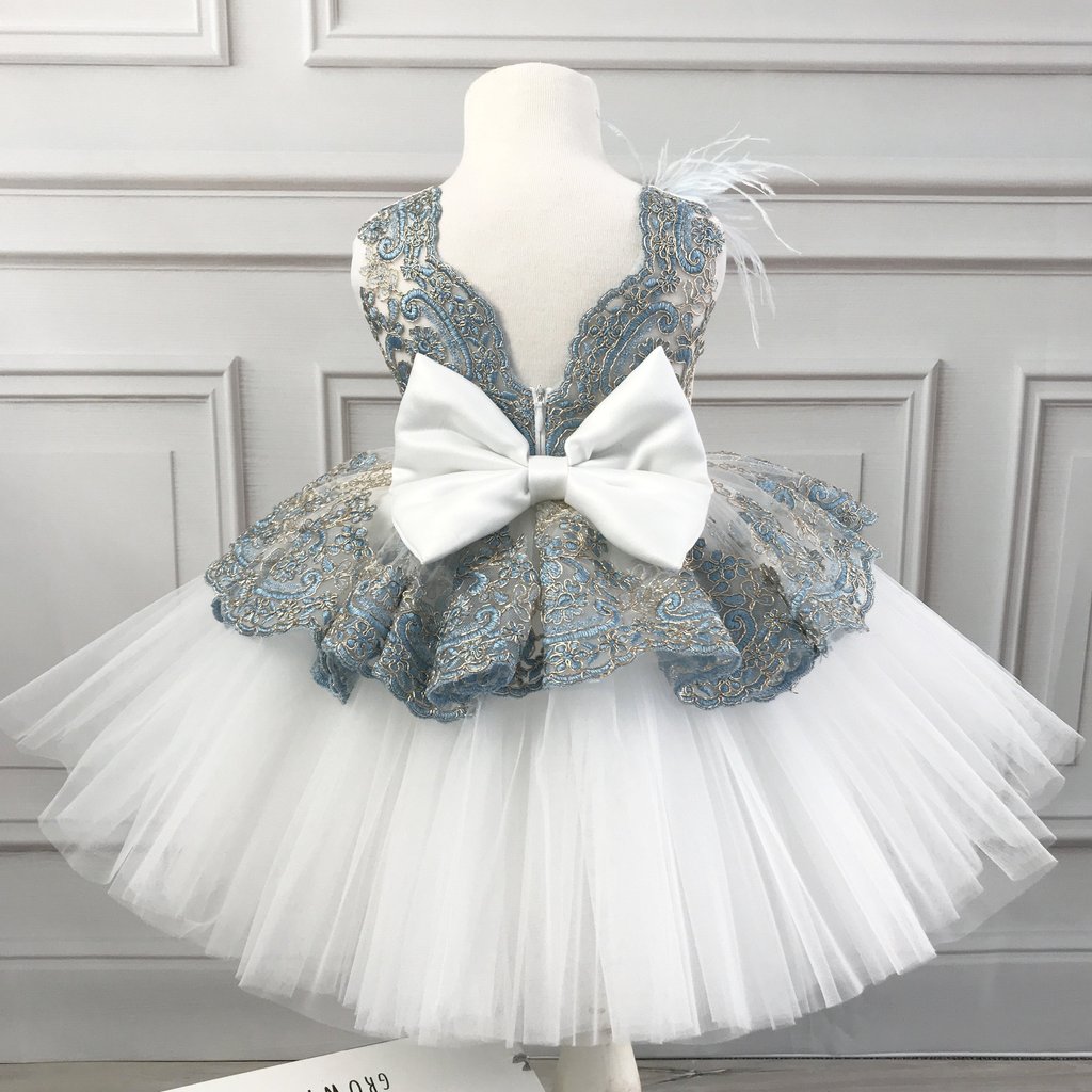 Gorgeous Gold And Dusty Blue Lace Ivory Tulle Satin Bow Knot Flower Girl Dresses, FGS103