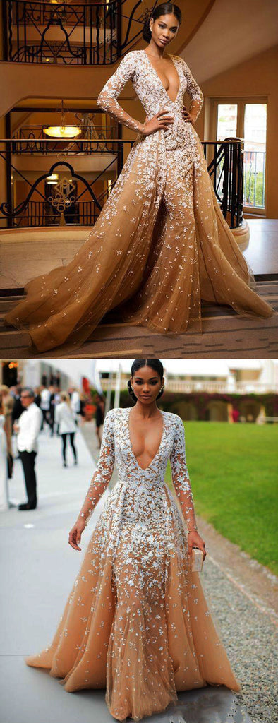 Gorgeous Nude Tulle Applique Long Sleeve Formal Prom Dresses,PD00143