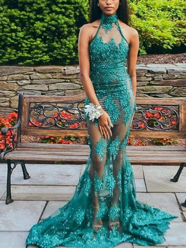 Green Lace Applique Sequin Illusion Tulle Halter Mermaid Prom Dresses.PD00220