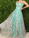 Green Satin Floral Embroidery Spaghetti Strap A-line Prom Dresses,PD00351