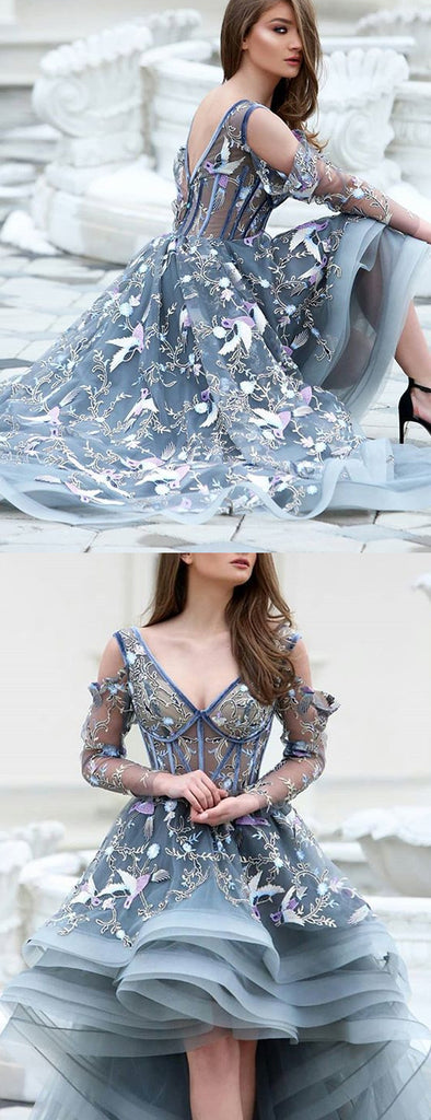 Grey Unique Applique Illusion High Low Long Sleeve Prom Dresses,PD00172