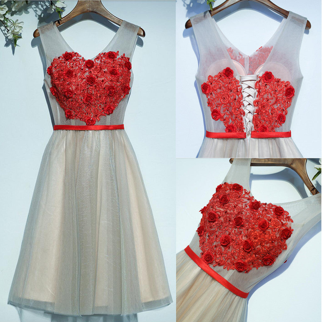 Lovely Heart-shaped Three-dimensional Lace Decals Sleeveless  Lace Up Back Sash  Homecoming Dresses,BD00205
