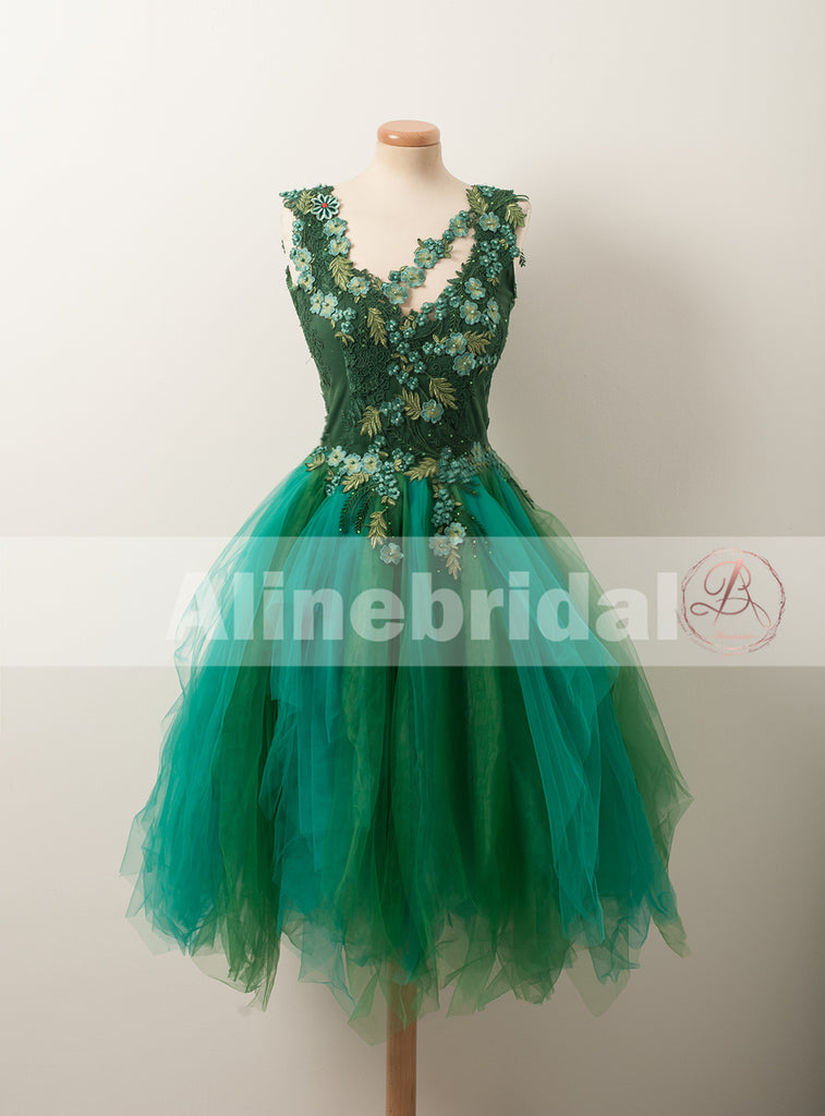 Hunter Green Lace Appliques Handmade Flowers Unique Homecoming Dresses,BD00231