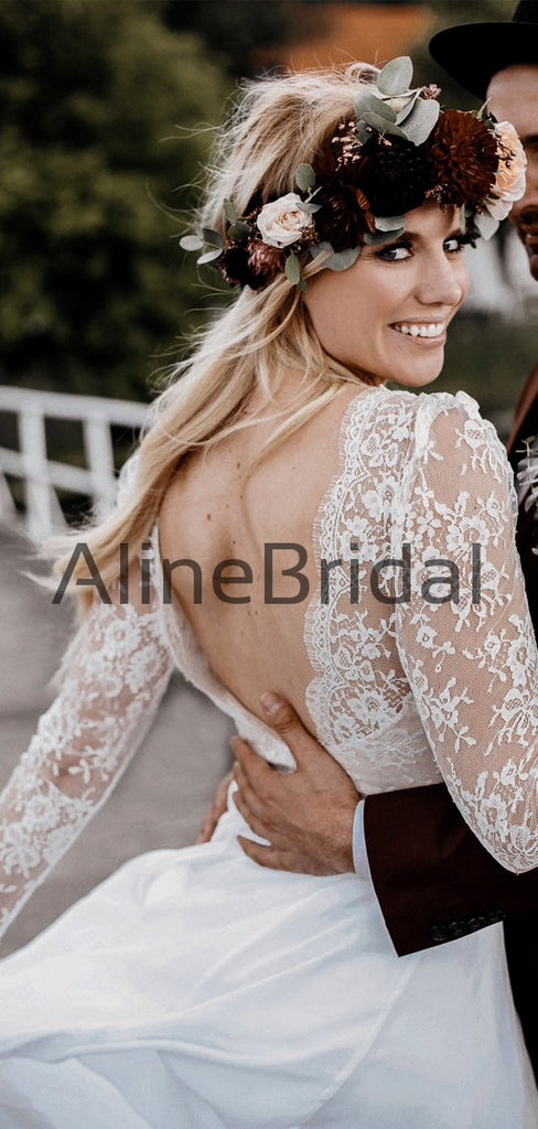 Illusion Lace Long Sleeve V-neck Chiffon A-line Beach Wedding Dresses, AB1573