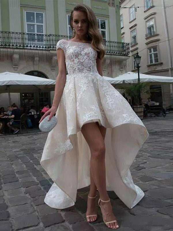 Ivory Lace Short Sleeve See Through Top High Low Fashion Wedding Dresses , AB1536