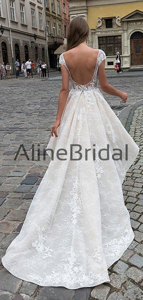 Ivory Lace Short Sleeve See Through Top High Low Fashion Wedding Dresses , AB1536