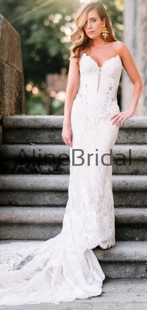 Ivory Lace Sweetheart Strapless Lace Up Back Mermaid Wedding Dresses , AB1526