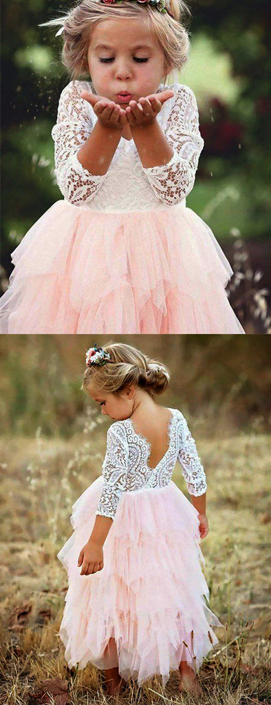 Ivory Lace Top Blush Pink Ruffle Tulle Half Sleeve Flower Girl Dresses, FGS116