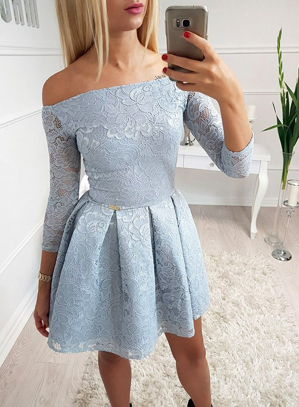 Light Blue Lace Off Shoulder Long Sleeve Simple Homecoming Dresses,BD0001