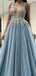 Light Blue Tulle Applique Open Back Sleeveless Prom Dresses ,PD00196