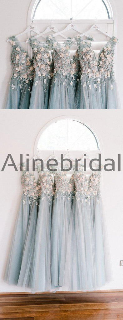 Light Blue Tulle Handmade Flower Aplique Country Wedding Bridesmaid Dresses, AB4078
