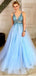 Light Blue Tulle Sequin Beads V-neck Backless Prom Dresses,PD00363