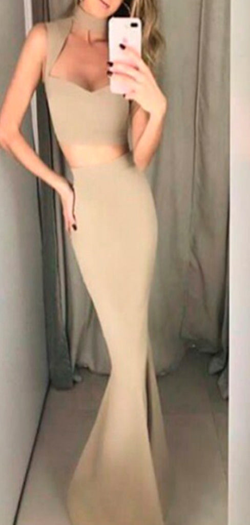 Light Grey Jersey High Neck Halter Two Piece Mermaid Prom Dresses,PD00334
