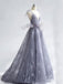 Light Grey Spaghetti Strap Lace Tulle V-neck Long  Prom Dresses,PD00075