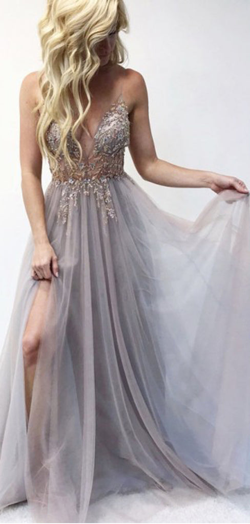 Light Lilac Tulle Beading Illusion V-neck Sexy Prom Dresses,PD00366