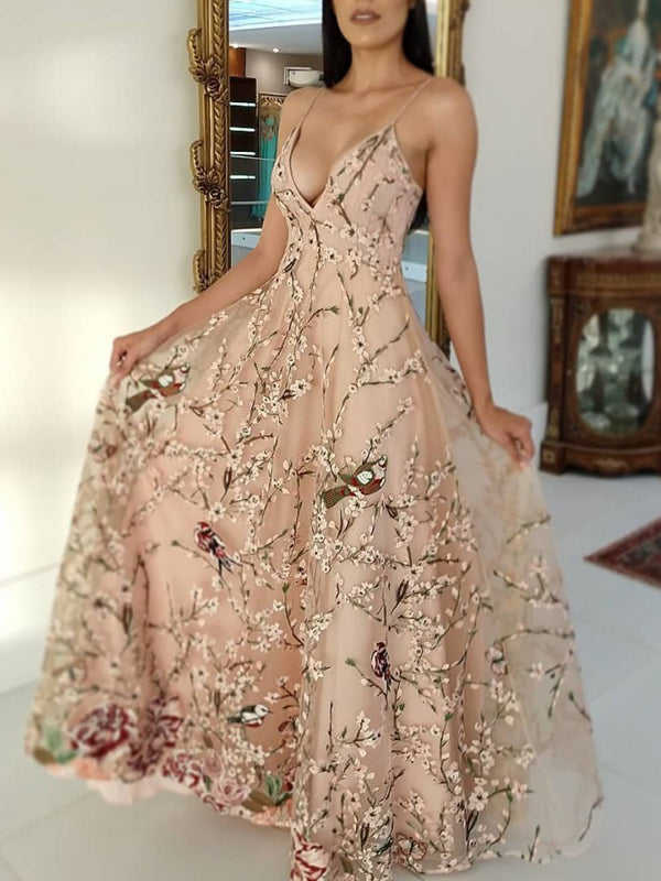 Light Pink Floral Embroidery Spaghetti Strap A-line Prom Dresses.PD00278