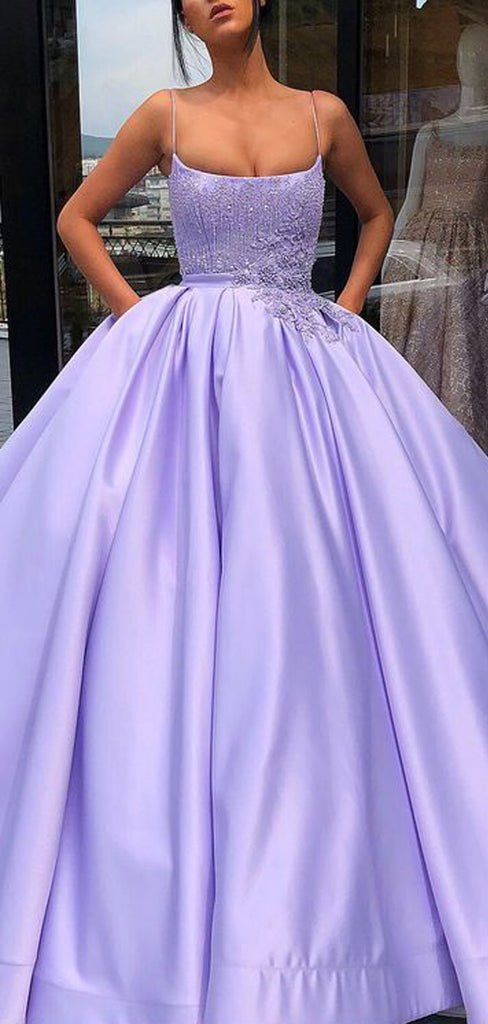 Lilac Satin Beading Applique Spaghetti Strap Ball Gown Prom Dresses,PD00188