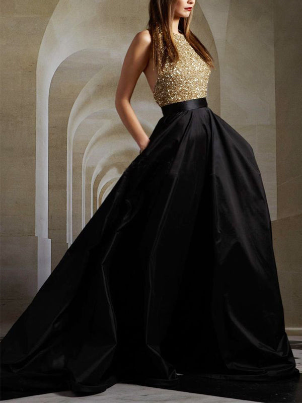 Long Gold Sequin Black A-line Ball Gown Sparkly Formal Prom Dress, PD10023
