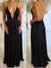 Long Black Spaghetti Straps Simple Deep V-neck Open Back Sexy Party Prom Dress,PD0060