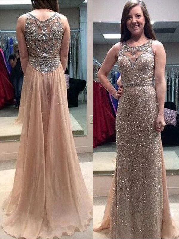 Long Column Sparkly Sequins Sleeveless Glitter Charming Sweep Trailing Prom Dress,PD0069