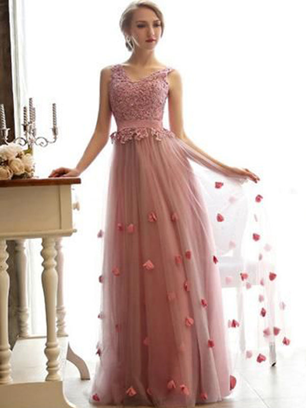 Long Pink Charming Tulle Lace Up Newest High Waist Prom Dresses ,PD0090