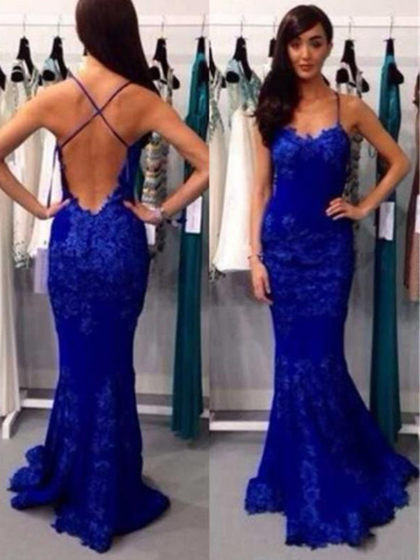 Long Royal Blue Lace Straps Backless Cocktail Party Prom Dress,PD0042