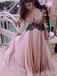 Long sleeve Dusty Pink V-neck Chiffon Open Back Lace Prom Dress ,PD0112