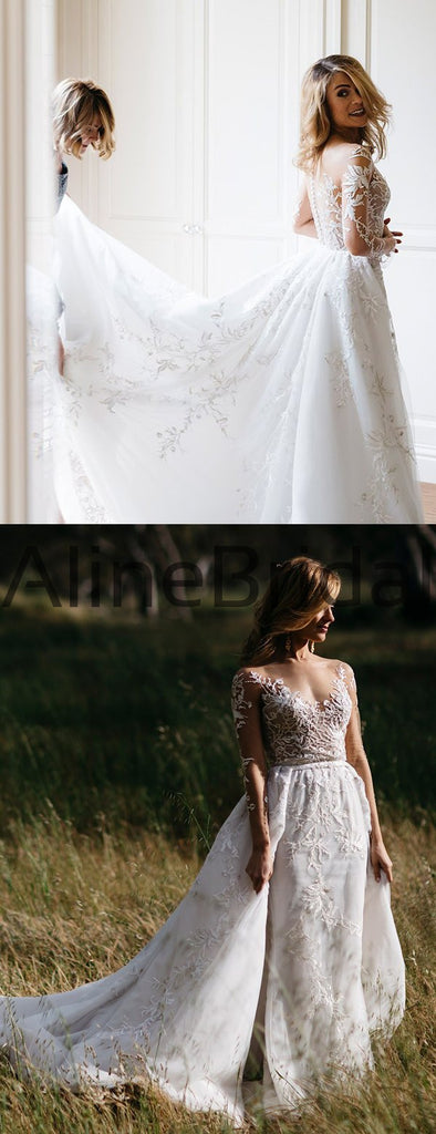 Long Sleeve Illusion lace Top Detachable Overskirt Wedding Dresses, AB1568