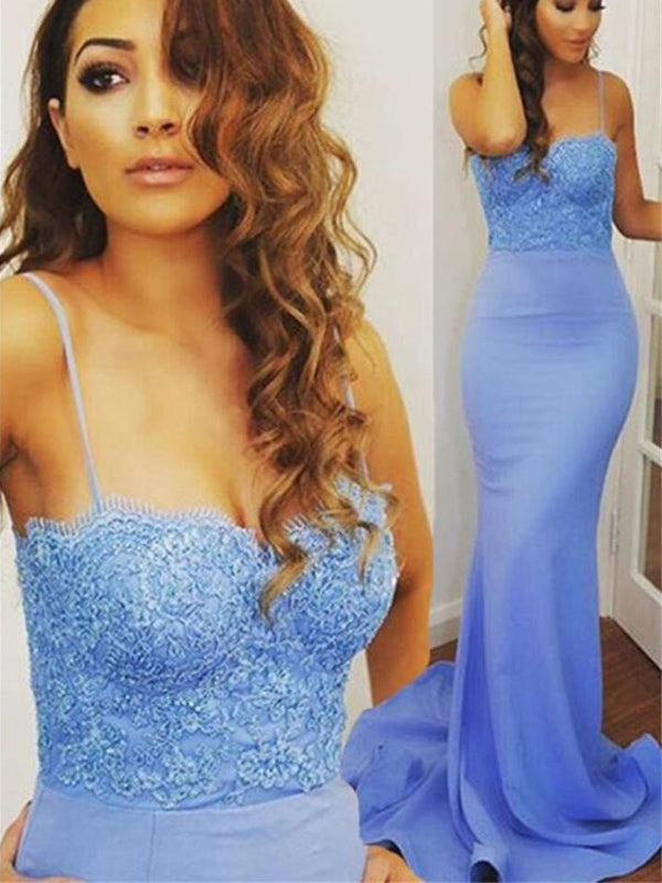 Long Spaghetti Straps Mermaid Blue Sexy Cocktail Prom Dresses Online,PD0151
