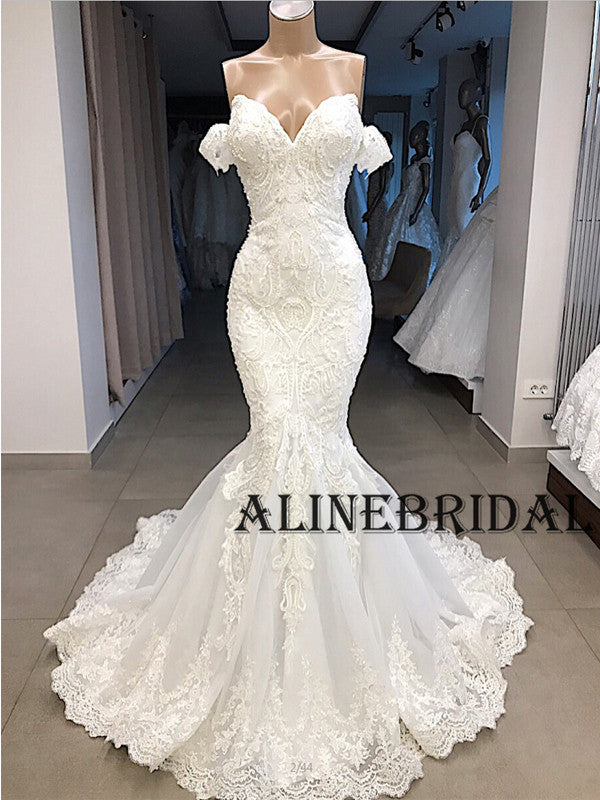 Mermaid Lace Off the Shoulder Ivory Beach Wedding Dresses WD1206