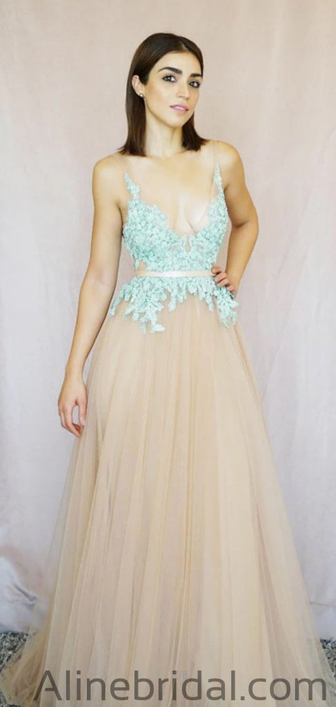 Modest A-Line Tulle Lace Long Prom Dress, Champagne Evening Dress PD1035