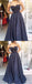 Navy Lace Beading Spaghetti Strap A-line Formal Prom Dresses,PD00189