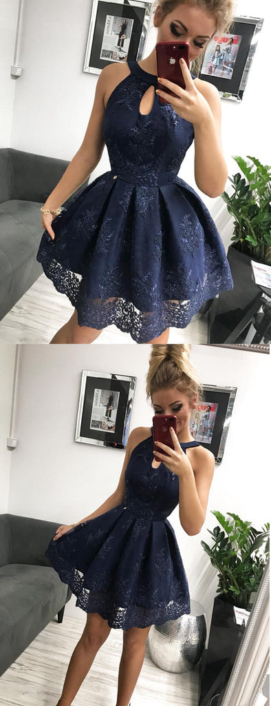 Navy Lace Halter Simple Party Dresses Homecoming Dresses,HD0032